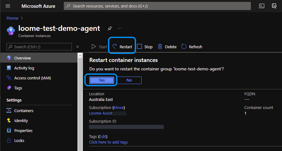 Azure Portal Restart Agent