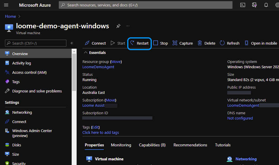 Azure Portal Restart Agent