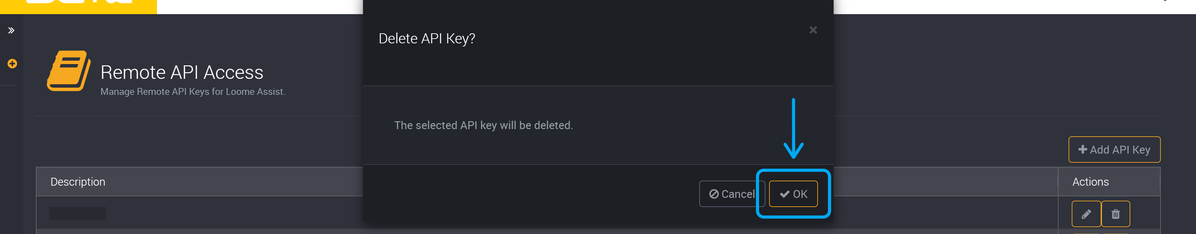 Confirm that you want to delete an API key