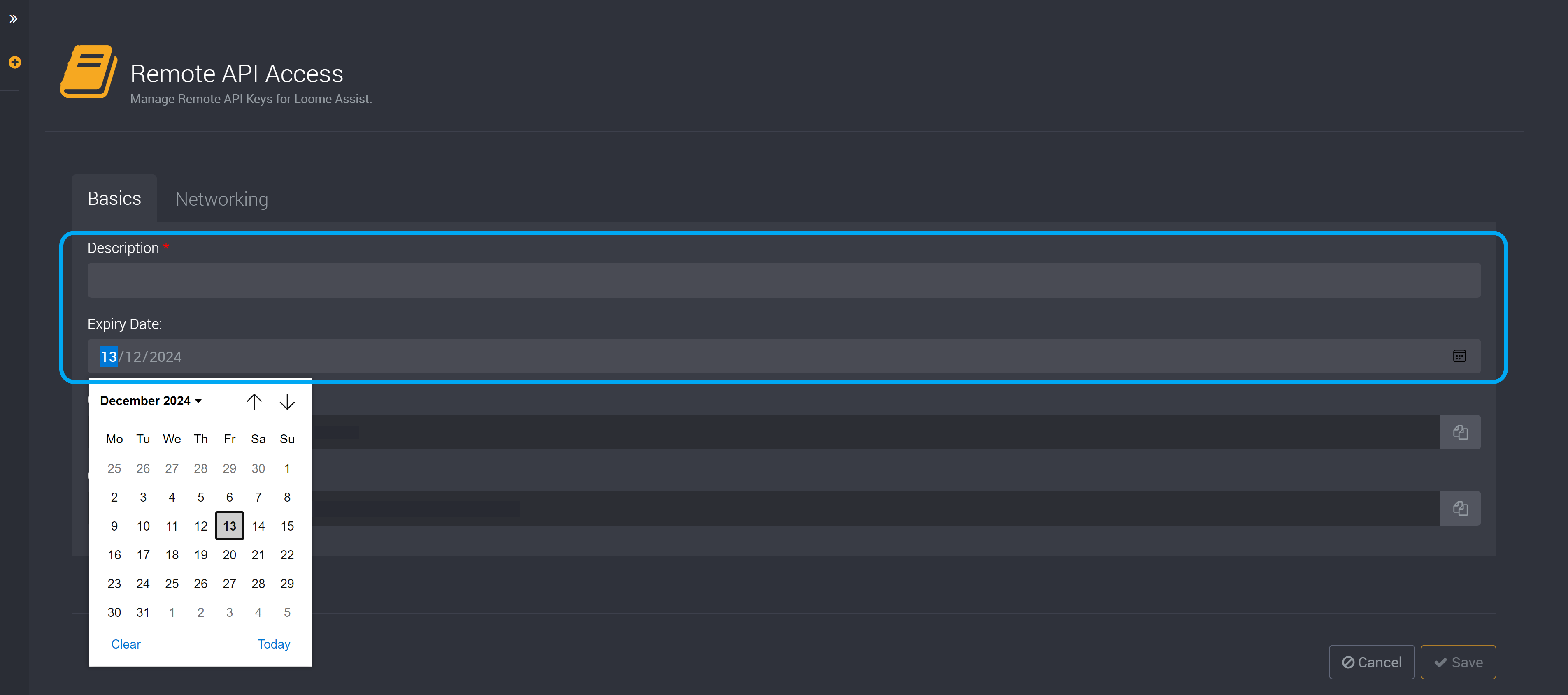 API key description and expiry date