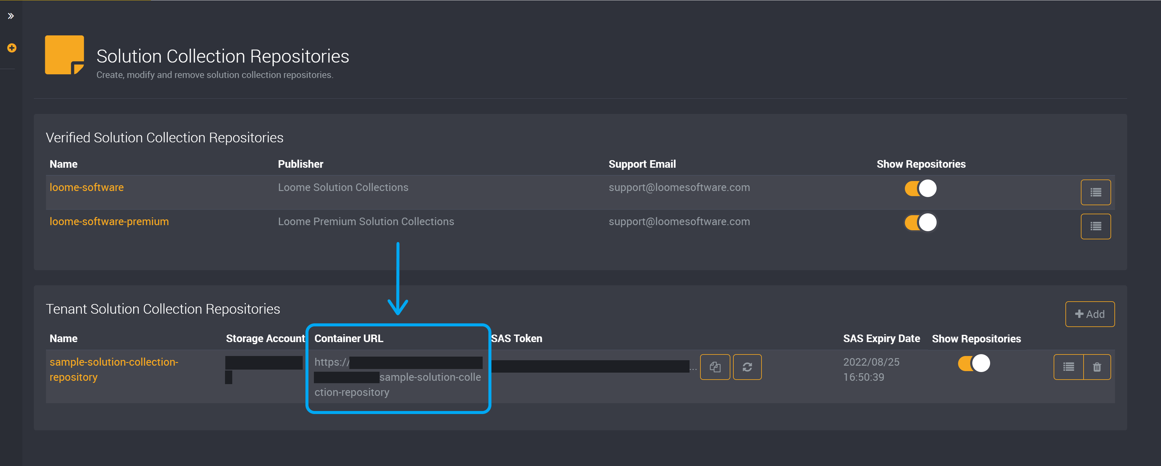 Solution collection container URL link