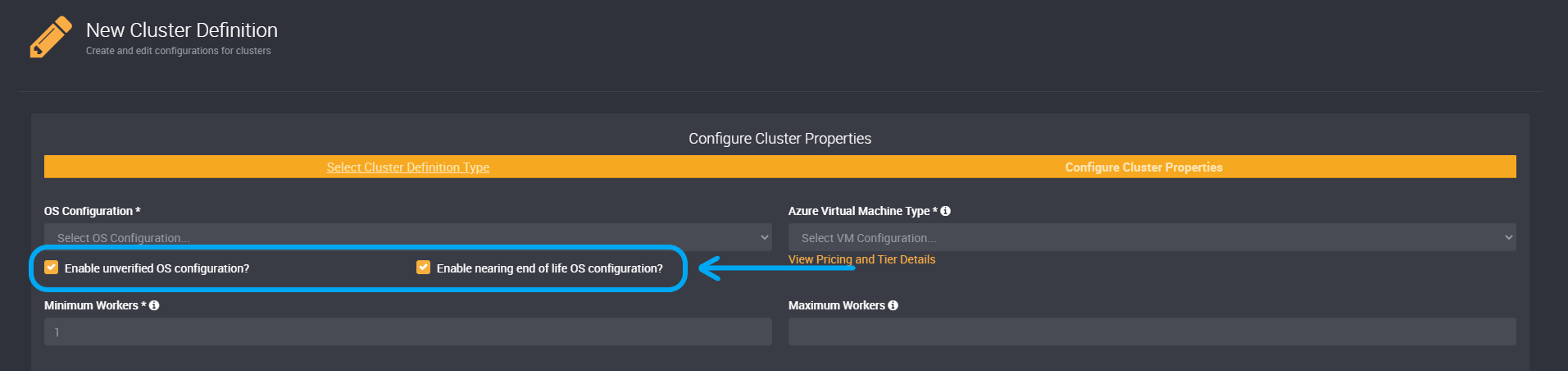 cluster definitions menu