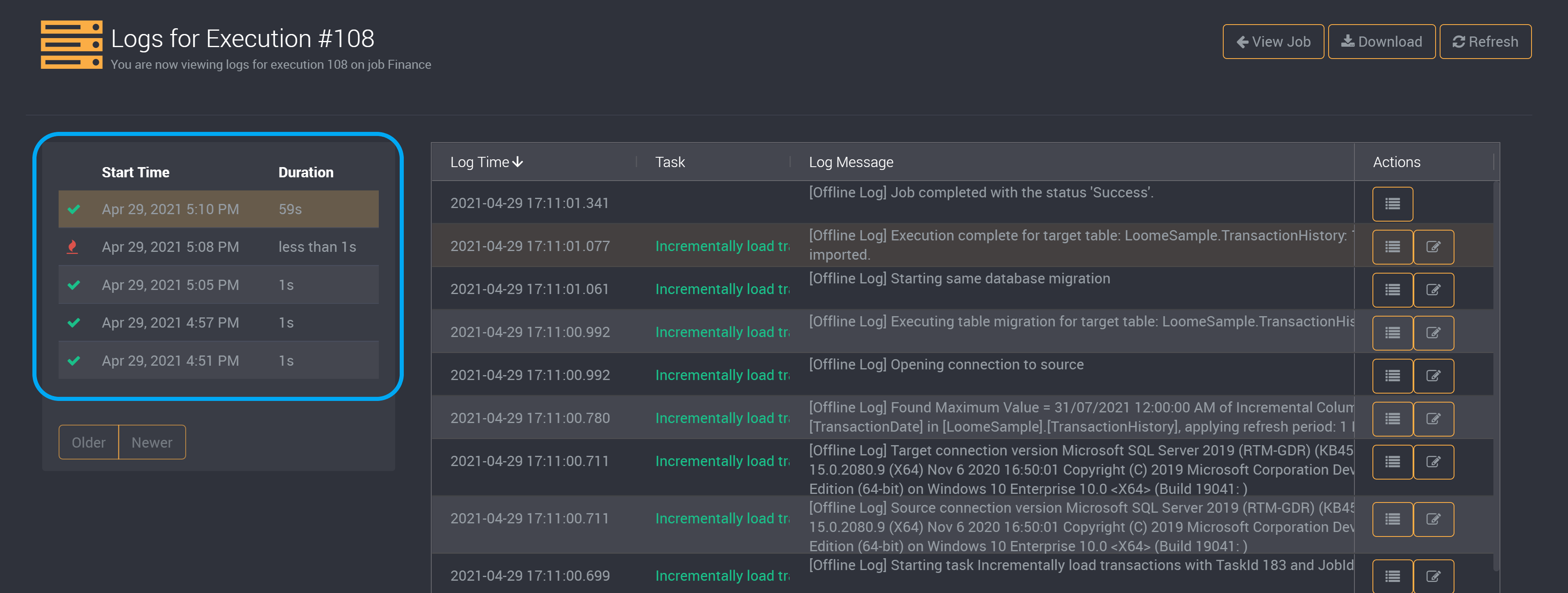 Execution History page