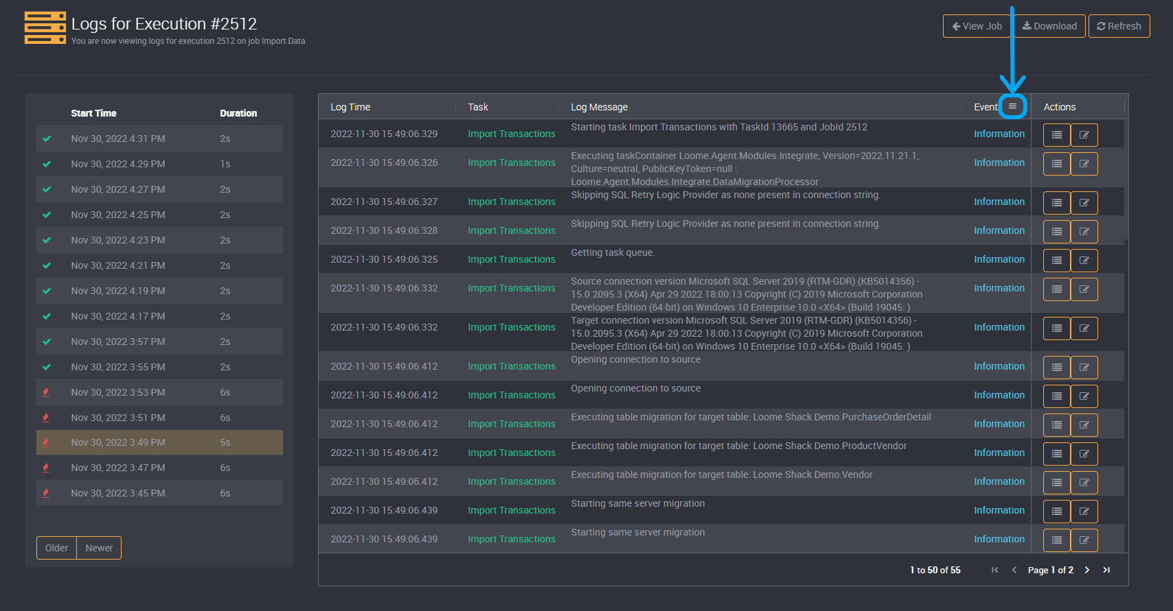 Execution History filters