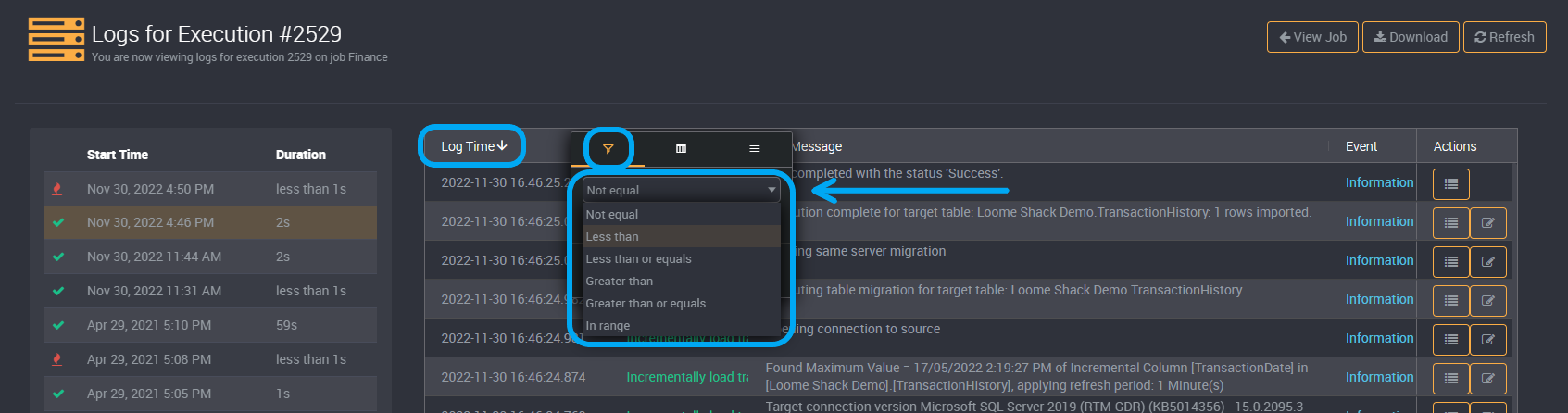 Execution History log time