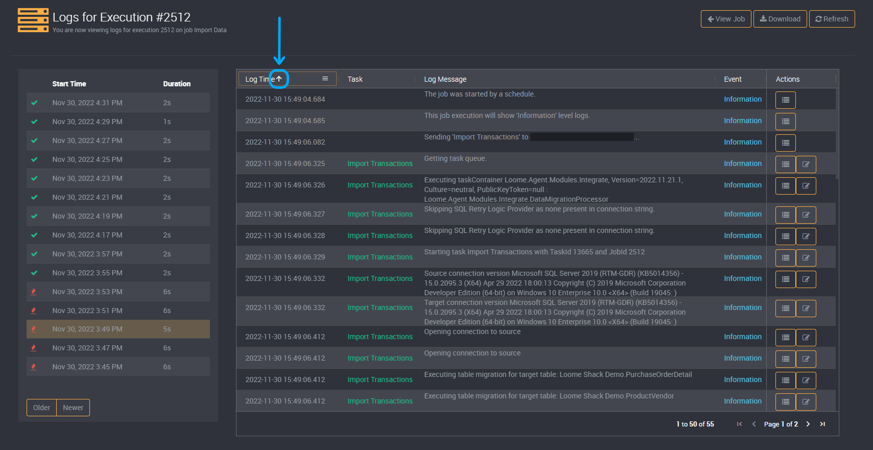 Execution History sorting