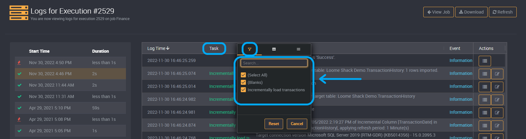 Execution History task name filter