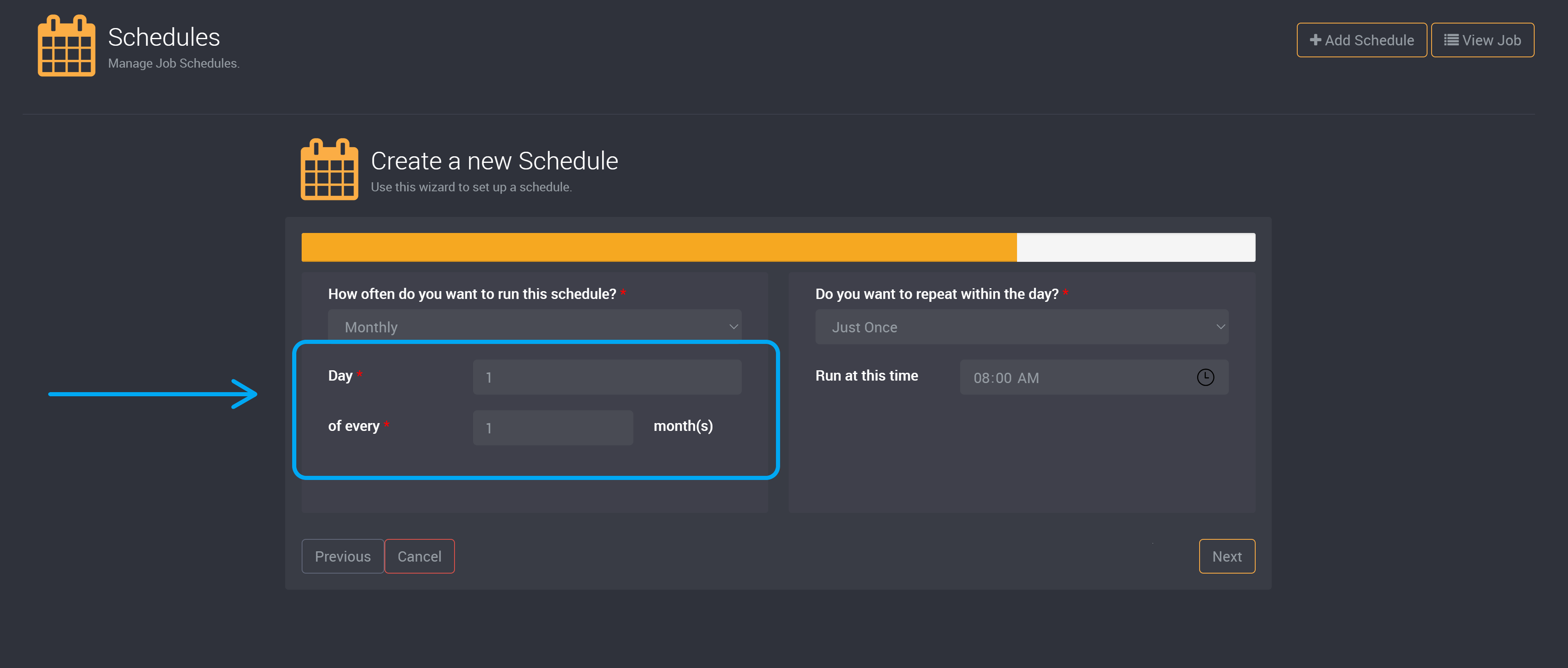 Monthly Schedule - choose day of each month it will run