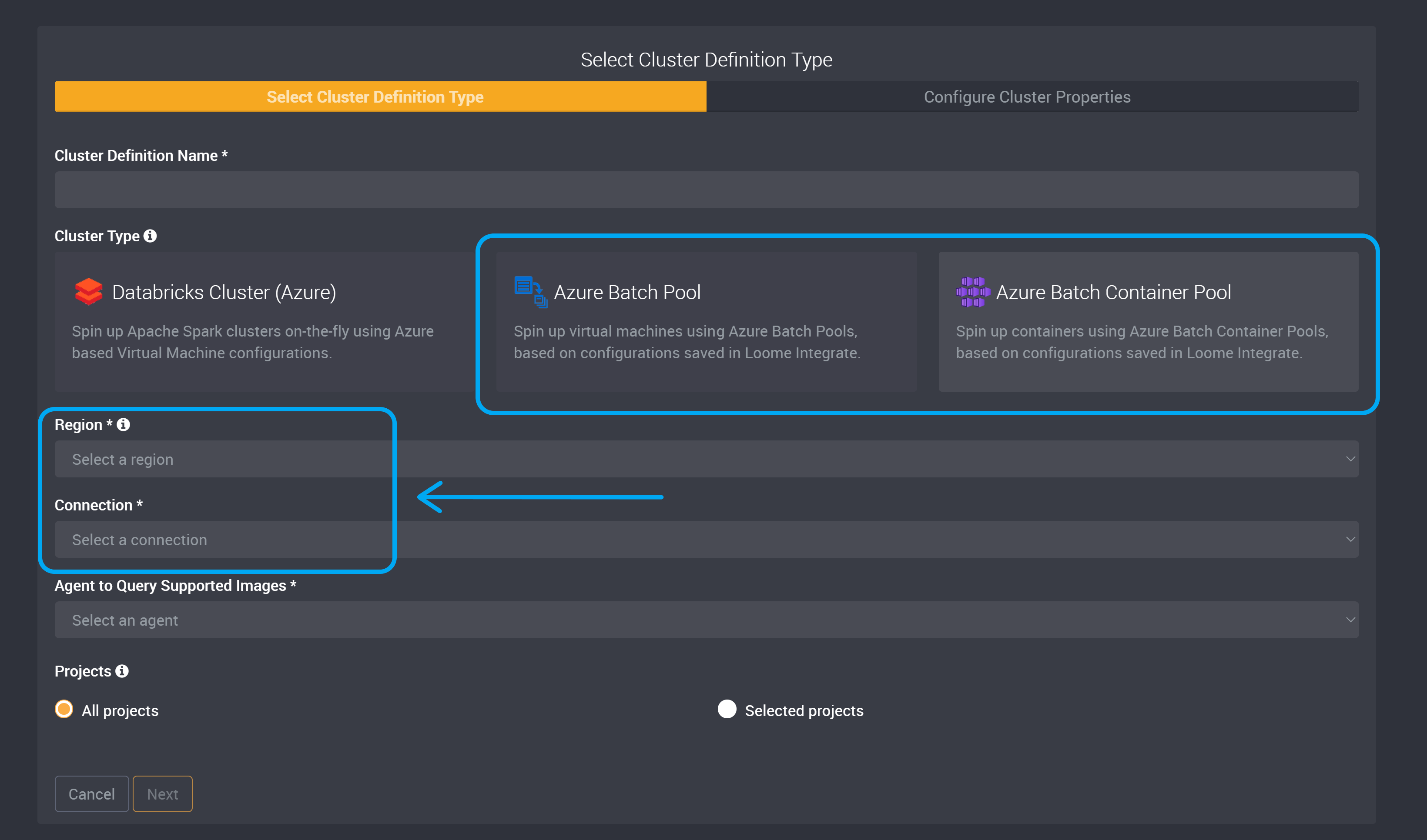 cluster definitions menu