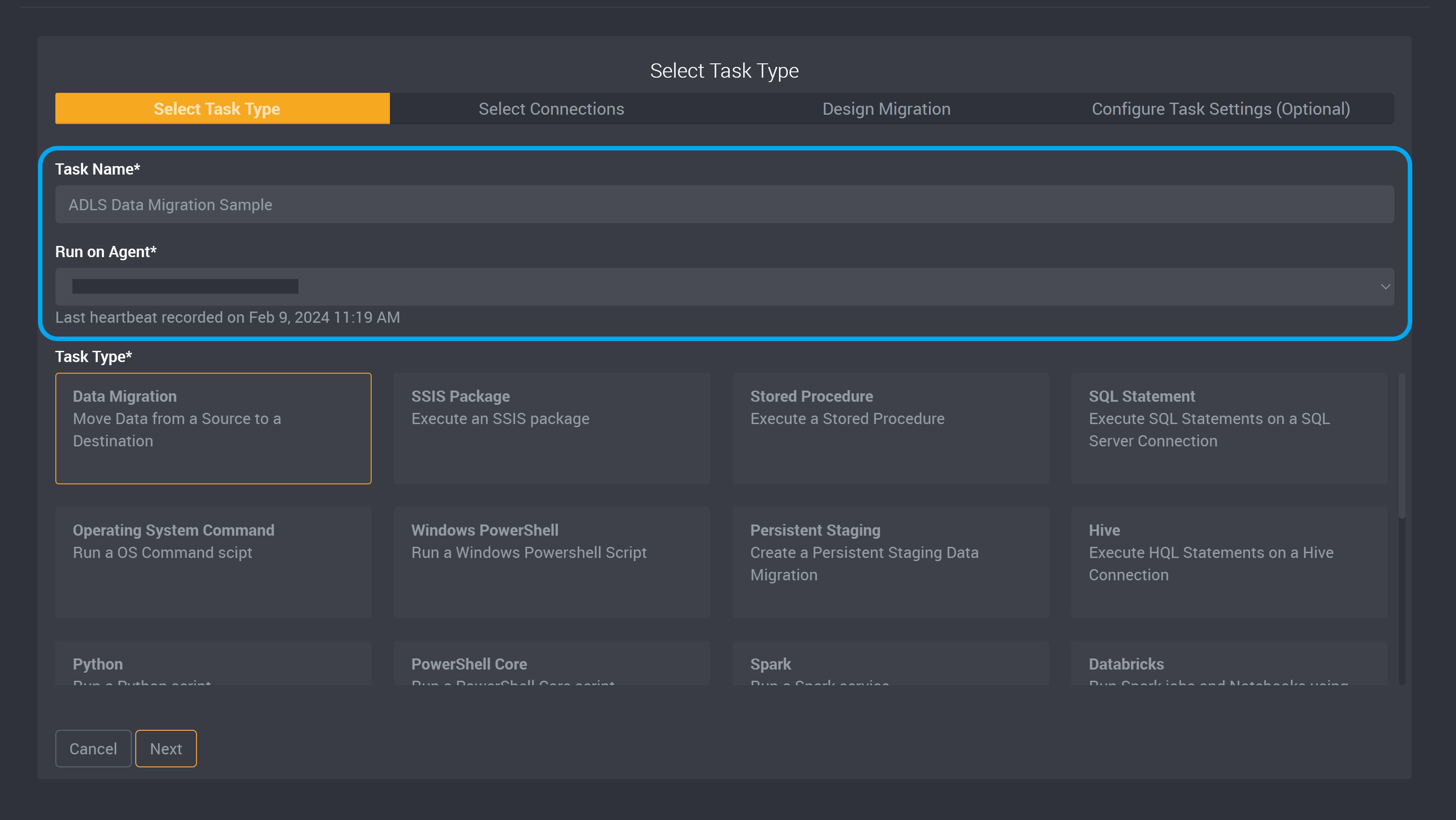 Name and agent of task fields