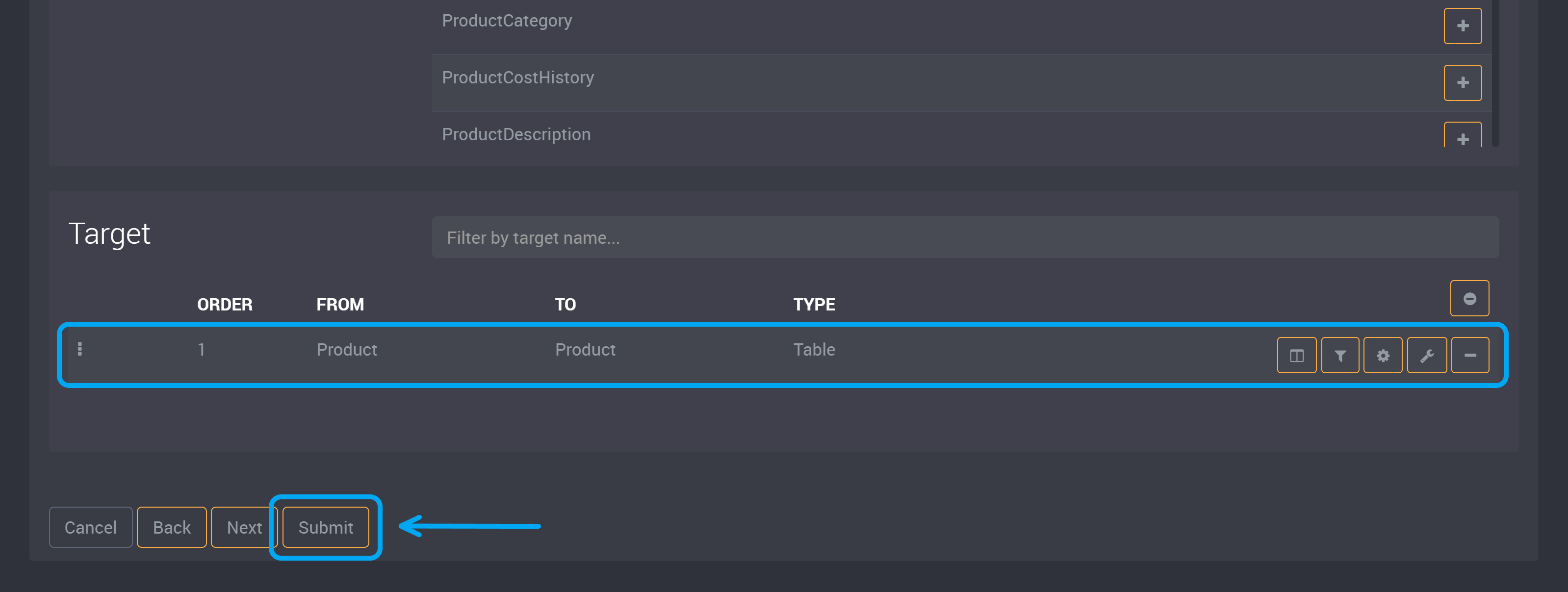 Submit task button and selected table