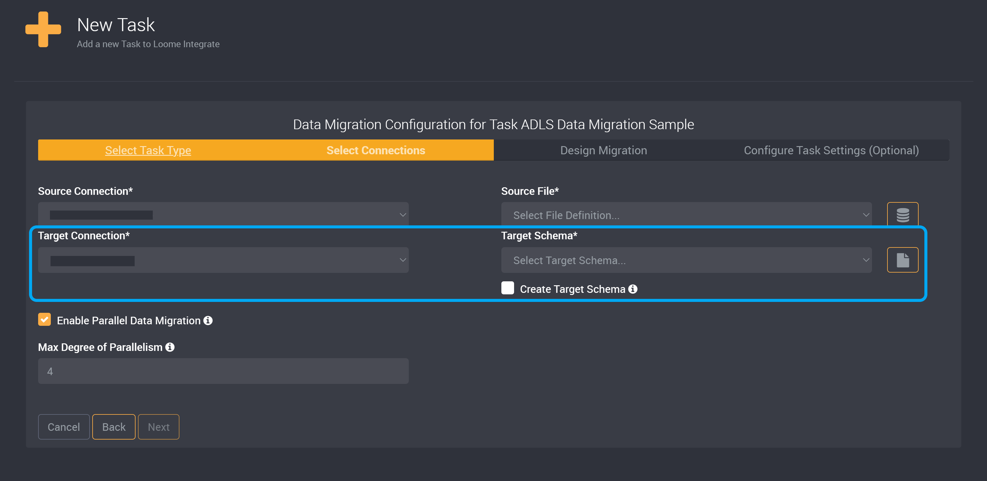 Target connection and schema