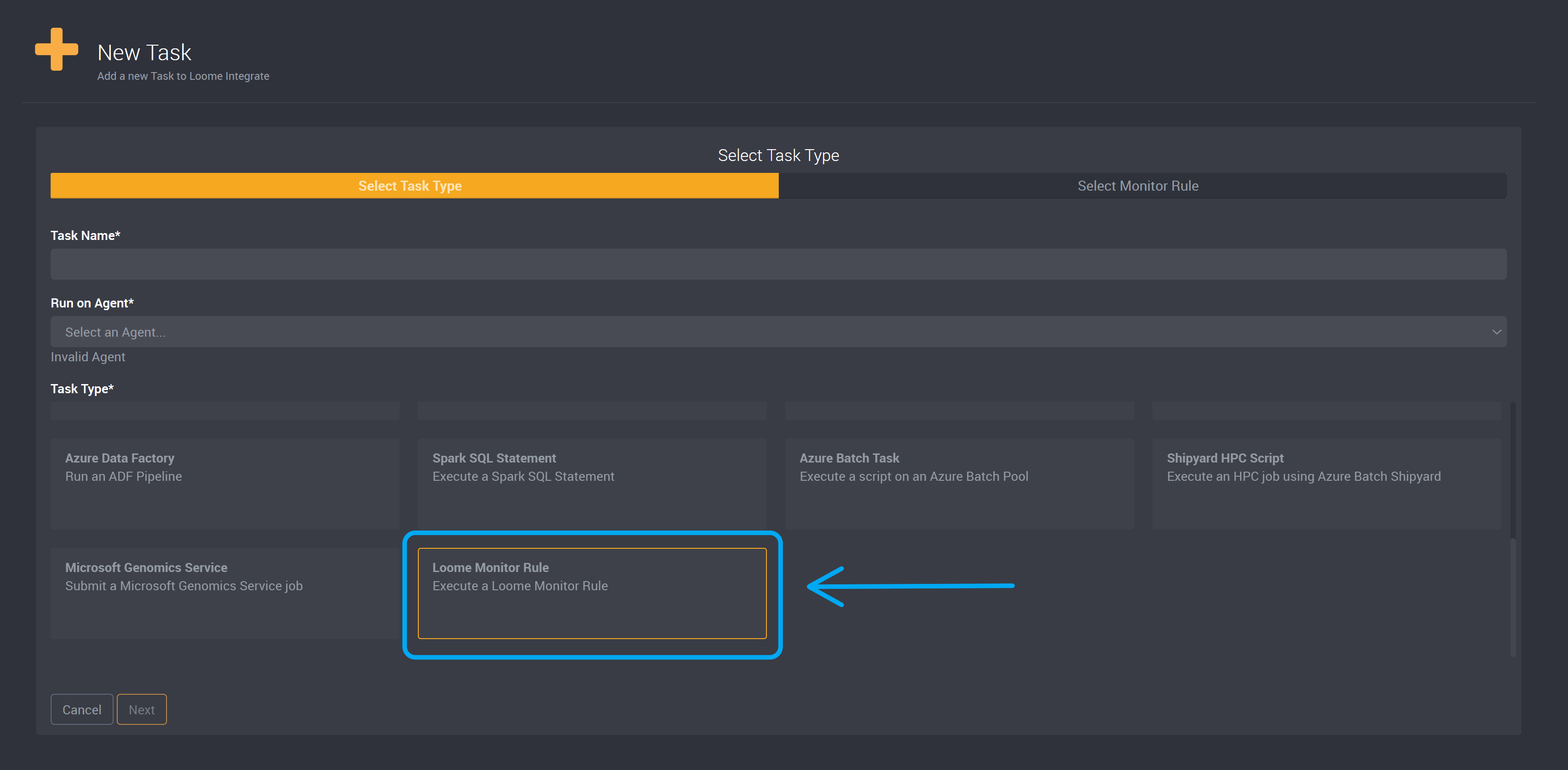 Loome Monitor Rule task type