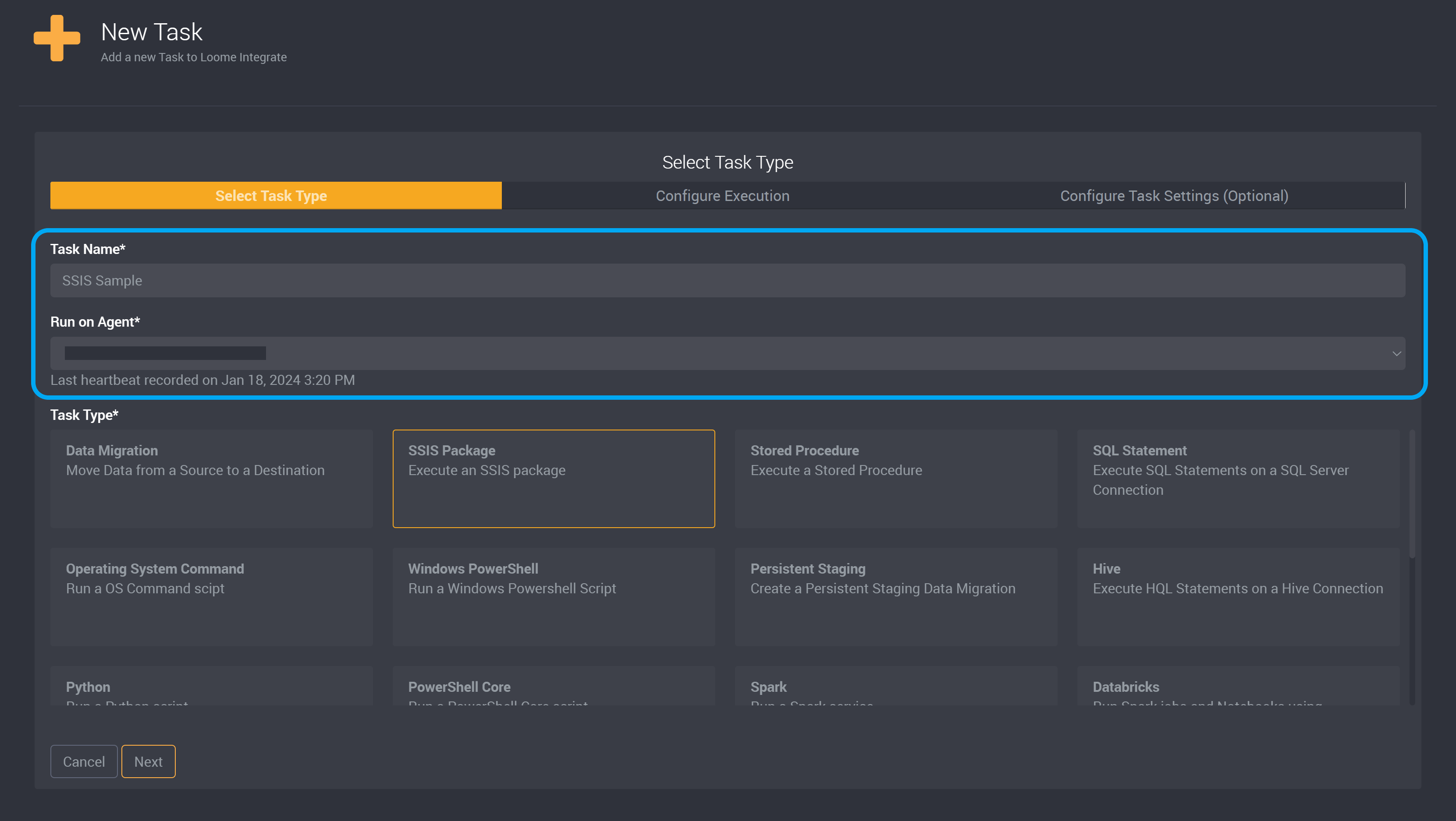 SSIS task name and agent