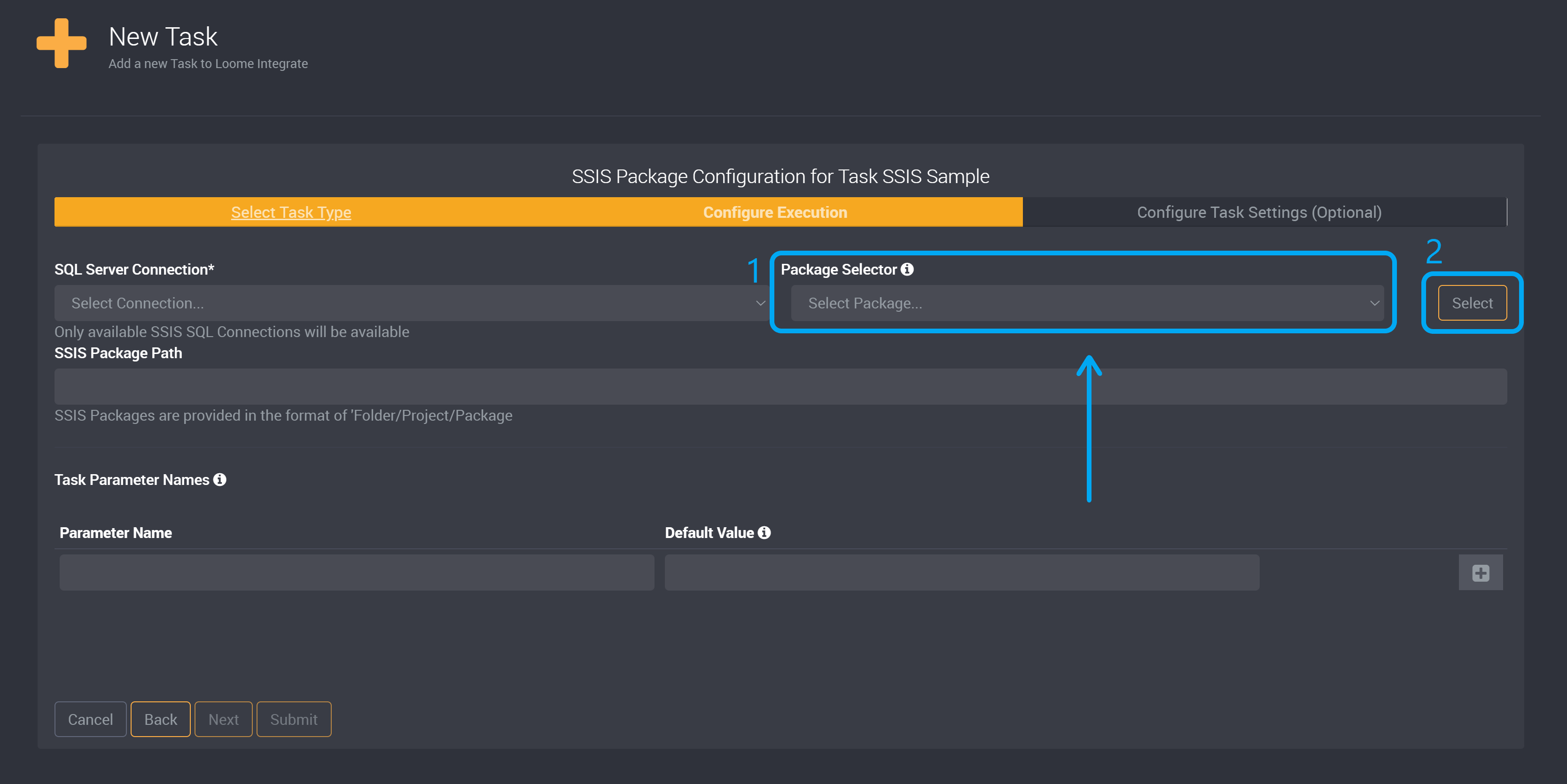 Package selector dropdown