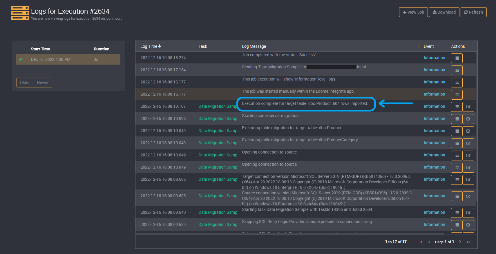 Execution log