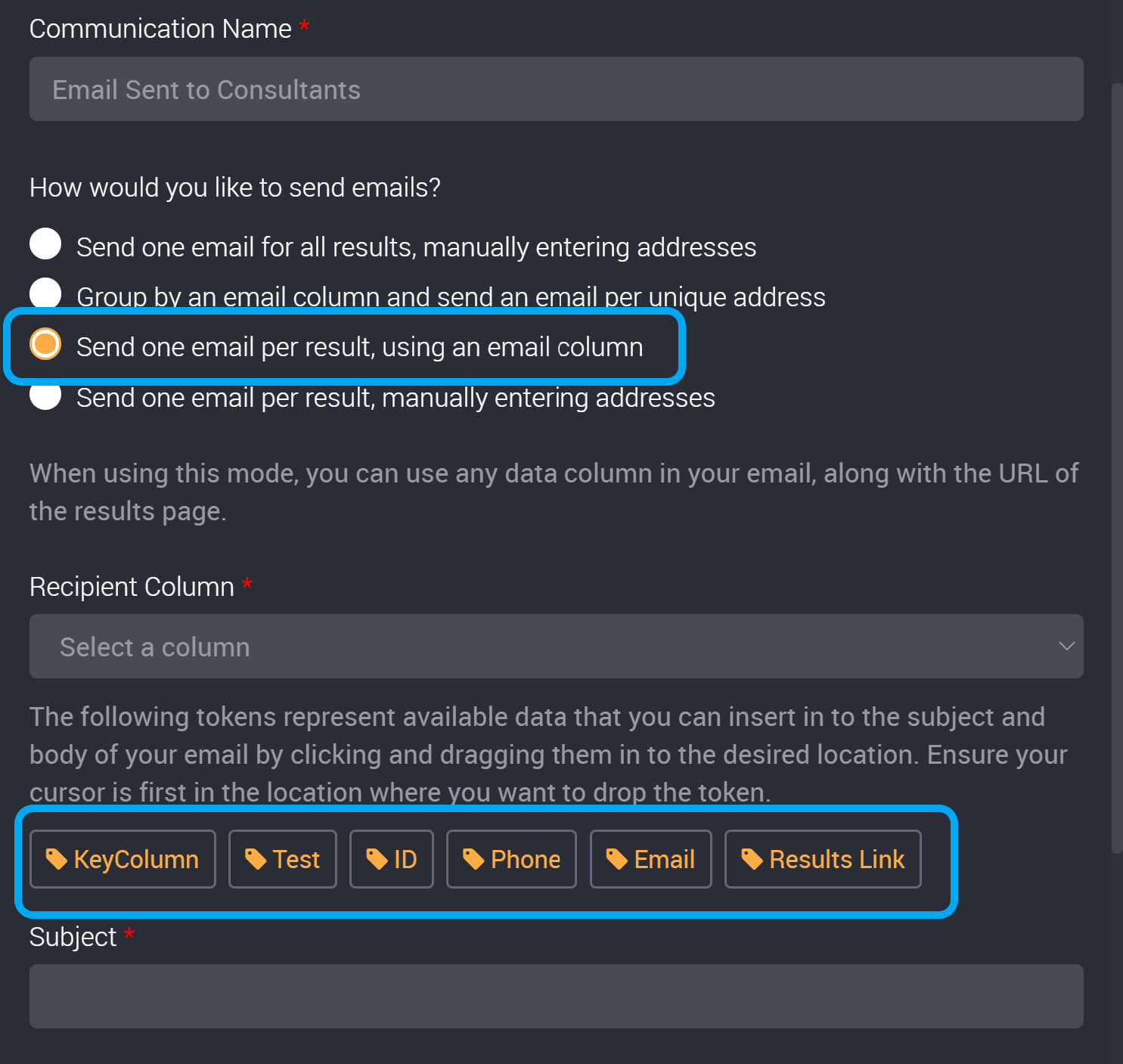 Tokens using an email column