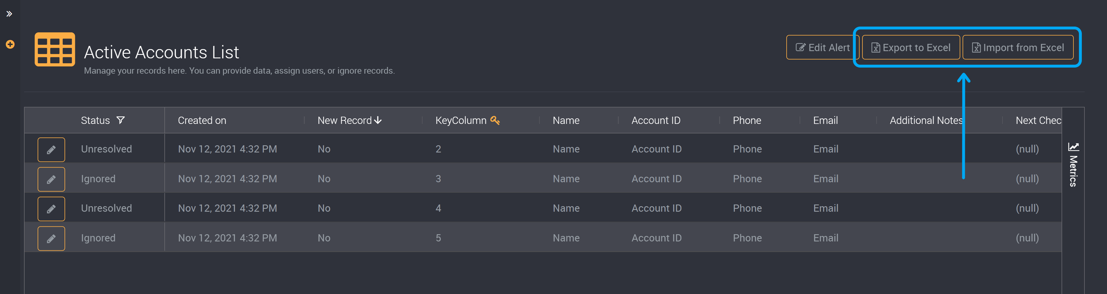 Import/Export in the results table