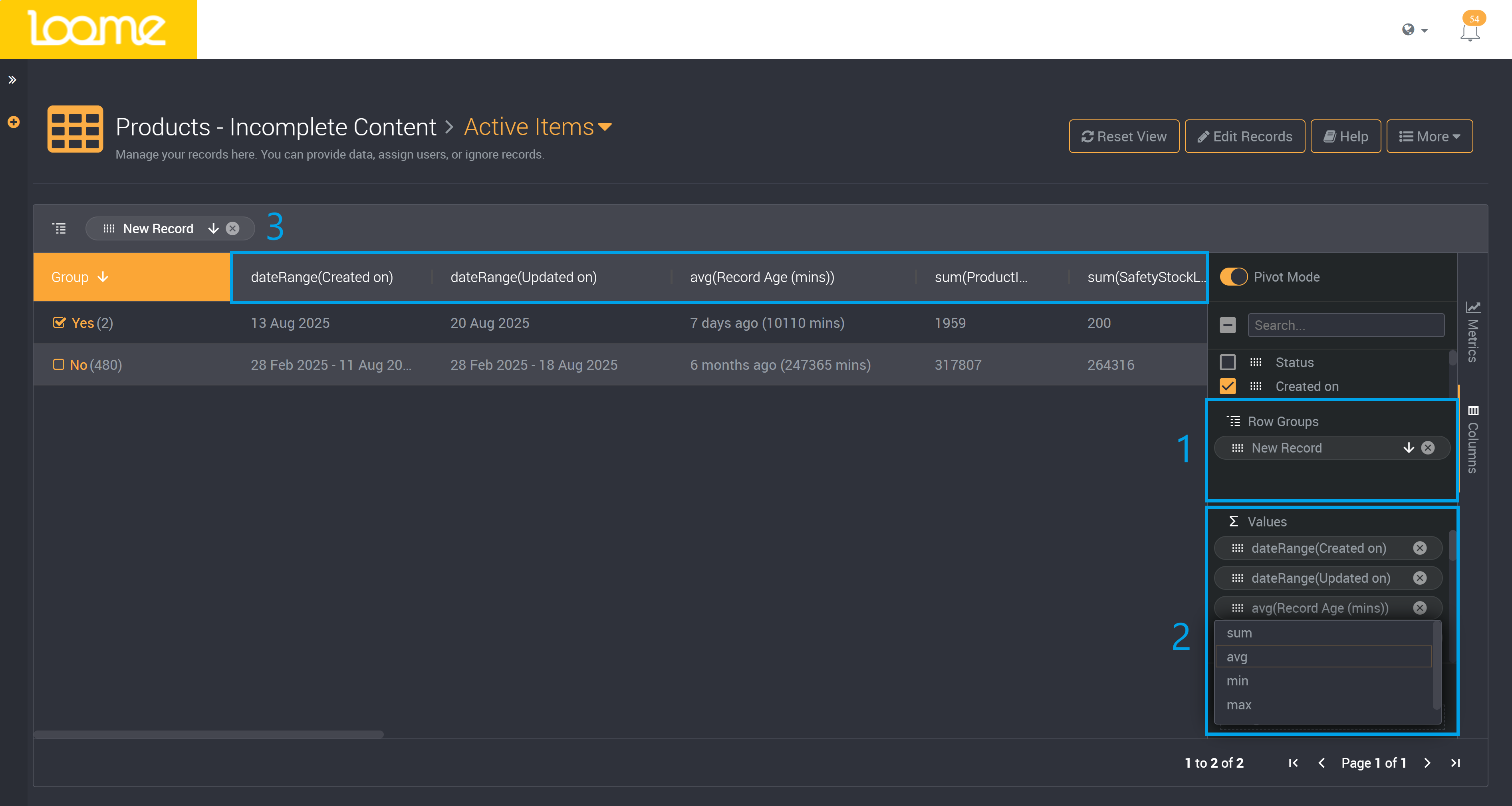 Grouped rows in pivot mode in the columns panel