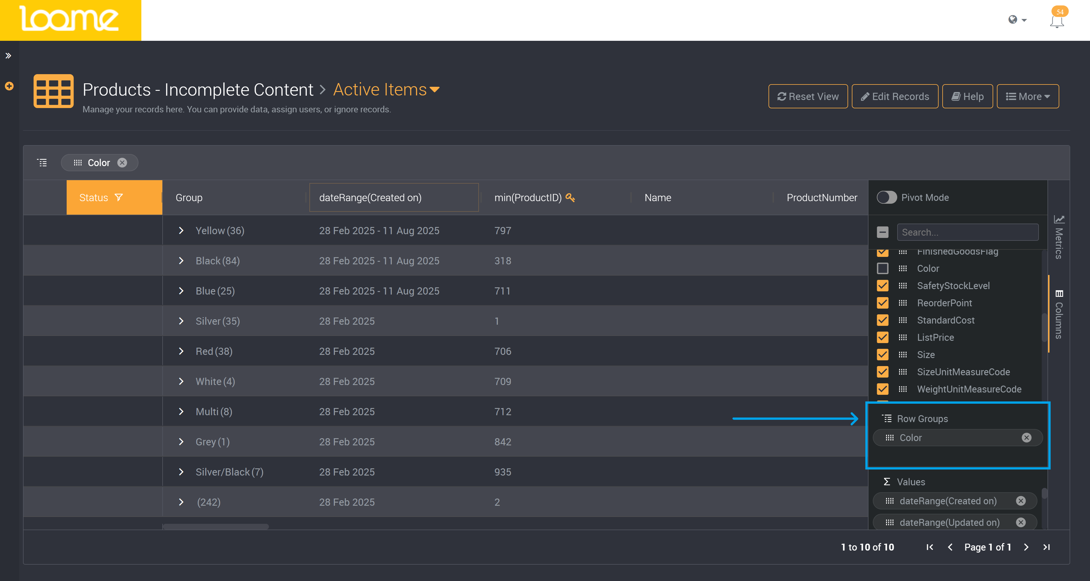 View grouped rows in the columns panel