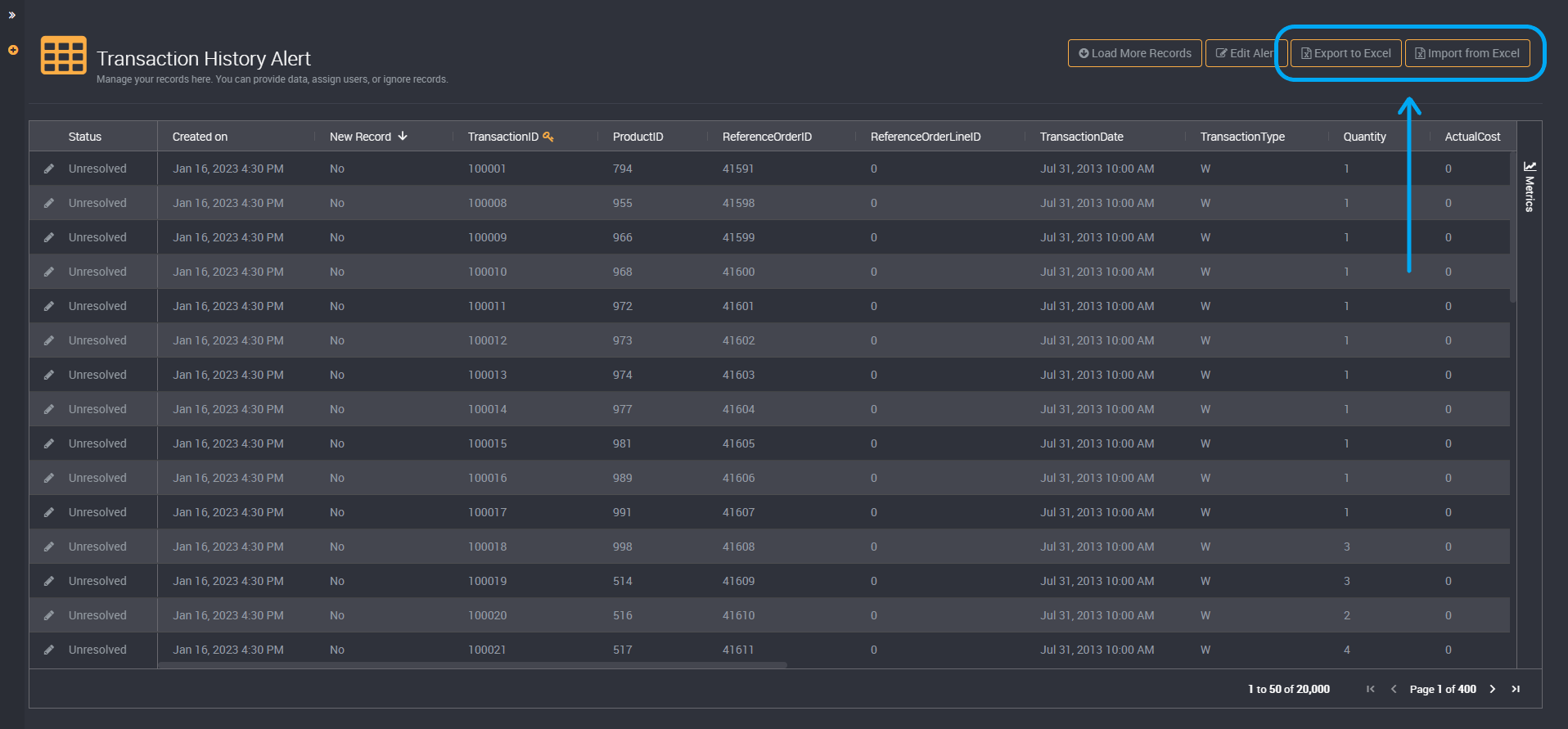 Import/Export in the results table