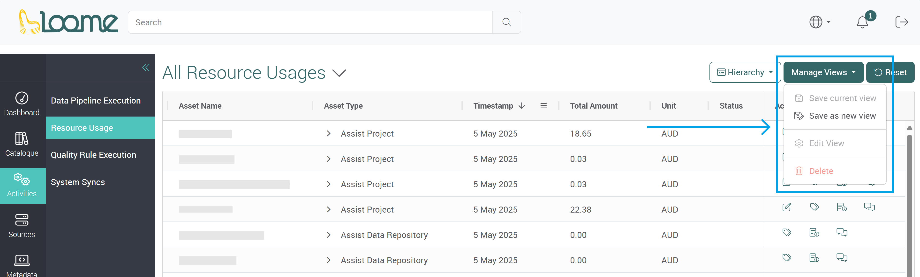 Manage views dropdown