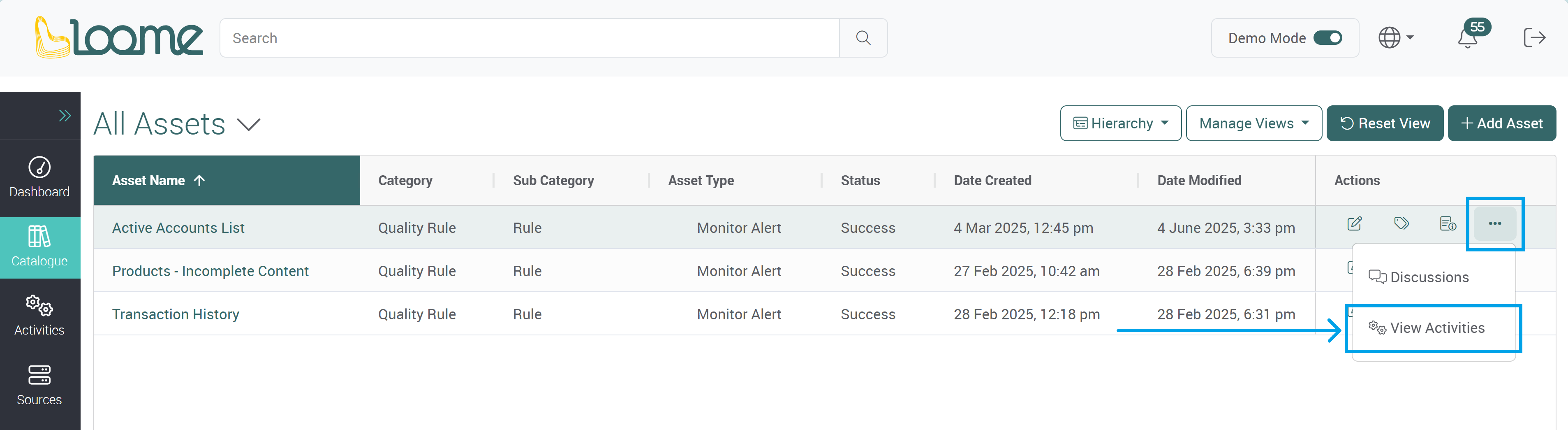 View activities button in dropdown